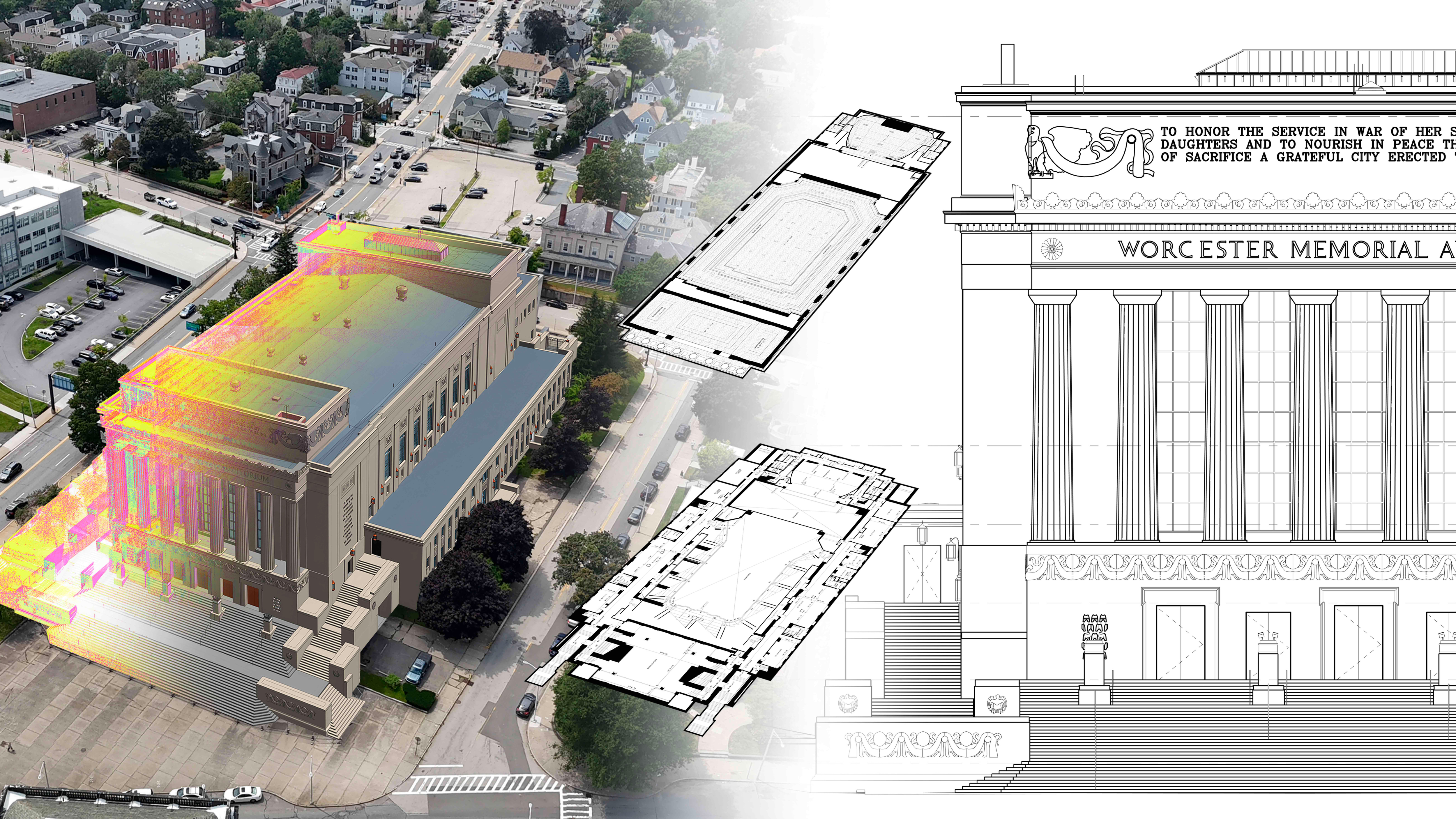 3D Revit model, aerial drone imagery, and 2D CAD drawings of the Worcester Memorial Auditorium.